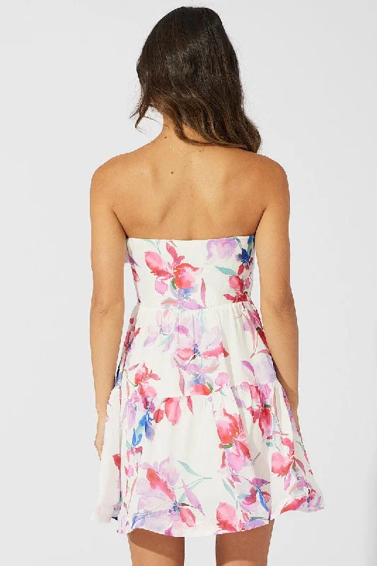 White Floral Fit and Flare Dress Boob Tube