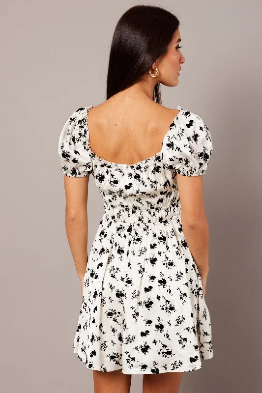 White Floral Fit And Flare Dress Puff Sleeve