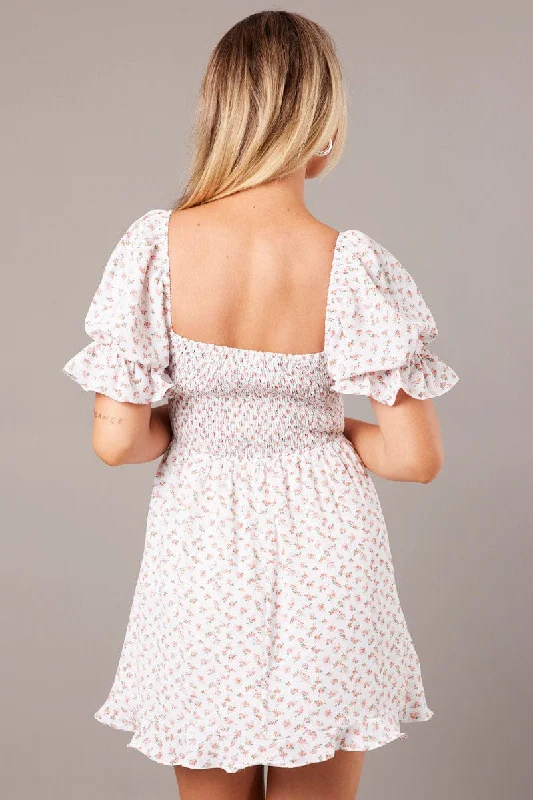 White Floral Fit And Flare Dress Puff Sleeve