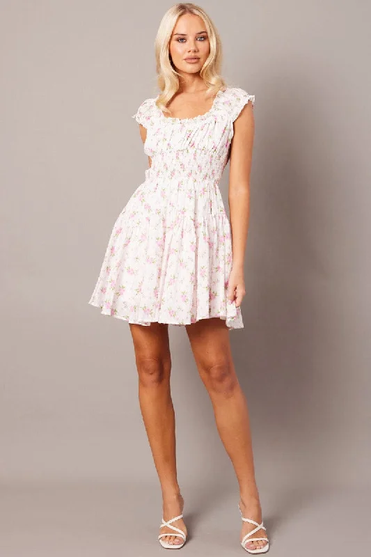 White Floral Fit And Flare Dress Puff Sleeve