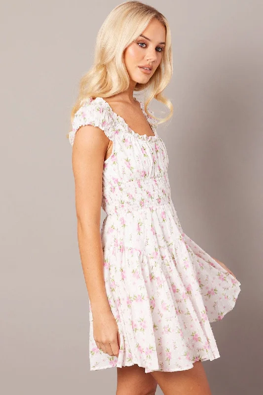 White Floral Fit And Flare Dress Puff Sleeve