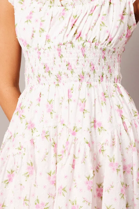 White Floral Fit And Flare Dress Puff Sleeve