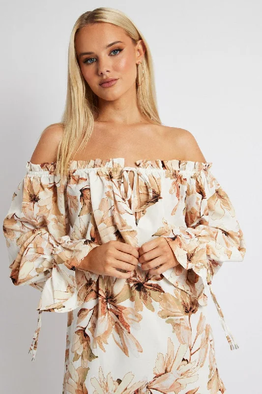 White Floral Off Shoulder Dress Balloon Sleeve Skater Dress