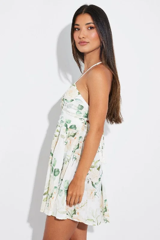 White Floral Ruched Skater Dress Strappy Gathered Swishy Dress