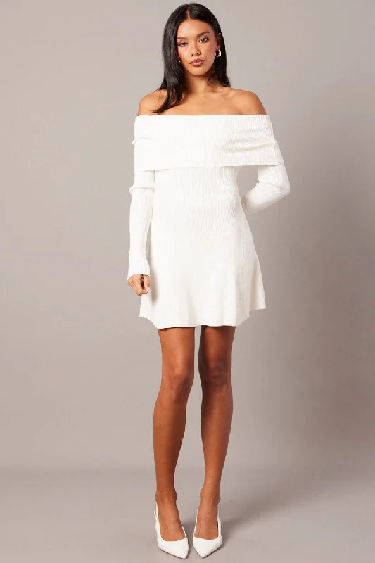 White Knit Dress Long Sleeve Off Shoulder