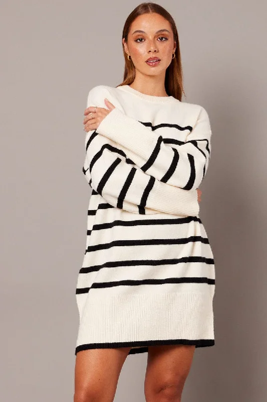 White Stripe Knit Dress Long Sleeve Crew Neck Oversized