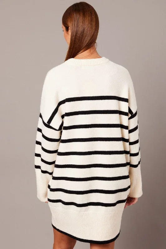 White Stripe Knit Dress Long Sleeve Crew Neck Oversized