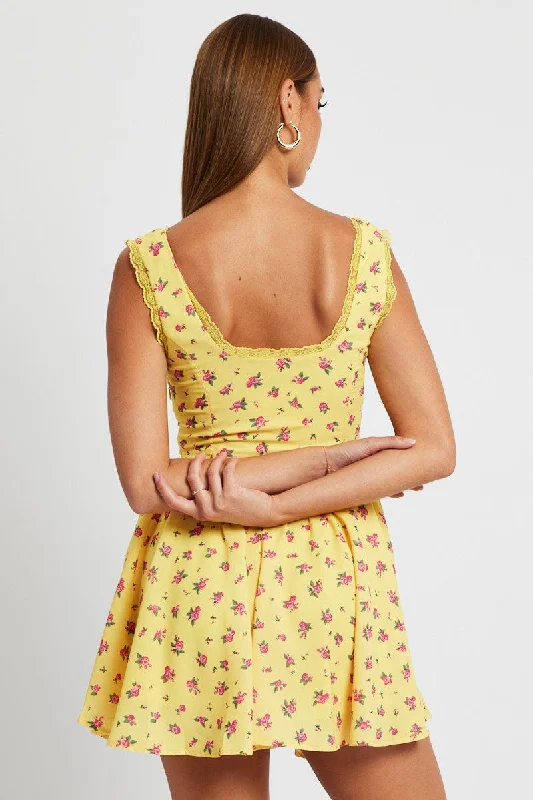 Yellow Floral Fit and Flare Dress Sleeveless Lace Trim