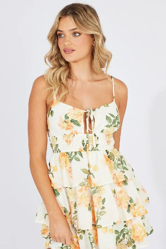 Yellow Floral Fit and Flare Dress Sleeveless Ruffle