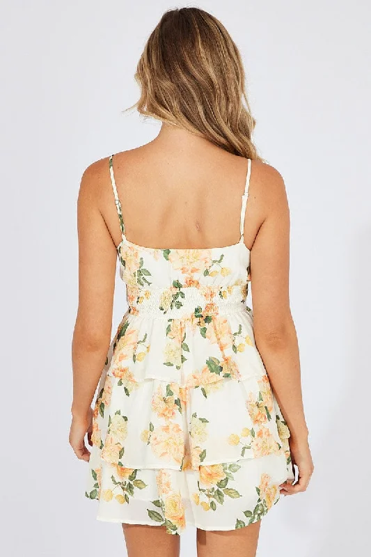 Yellow Floral Fit and Flare Dress Sleeveless Ruffle