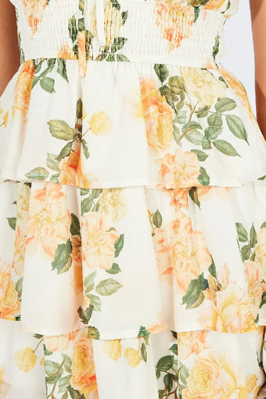 Yellow Floral Fit and Flare Dress Sleeveless Ruffle