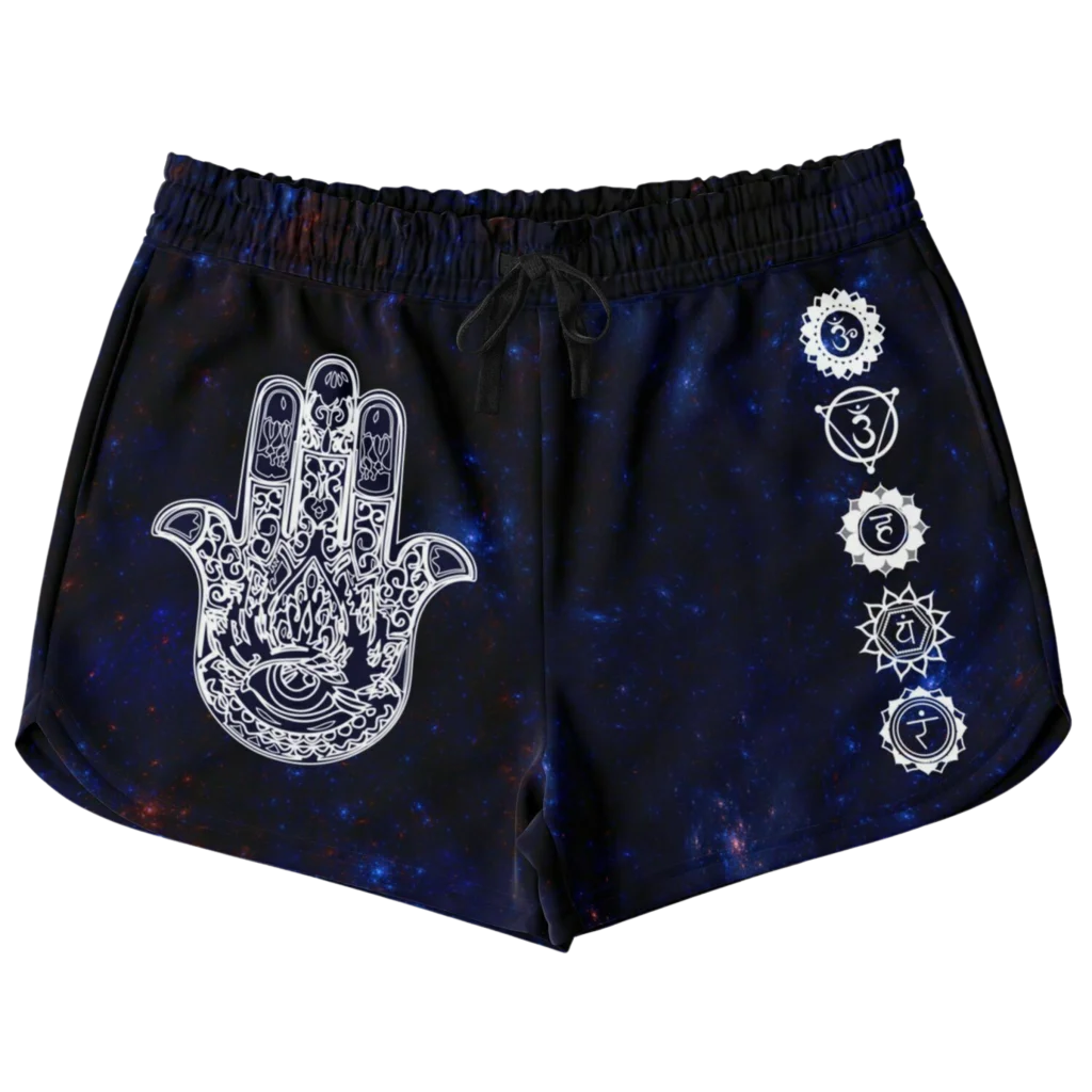 CELESTIAL HAMSA AND YOGA CHAKRAS LOOSE YOGA SHORTS