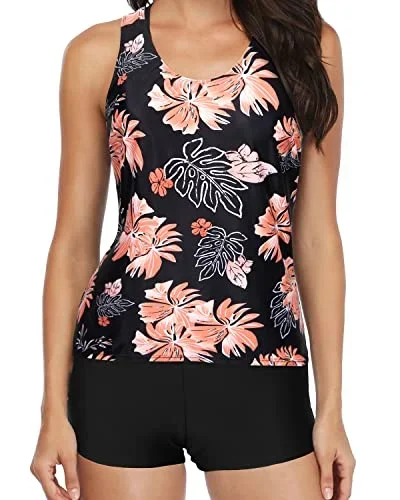 Athletic Tankini Boy Shorts For Women's Swimwear-Black Orange Floral