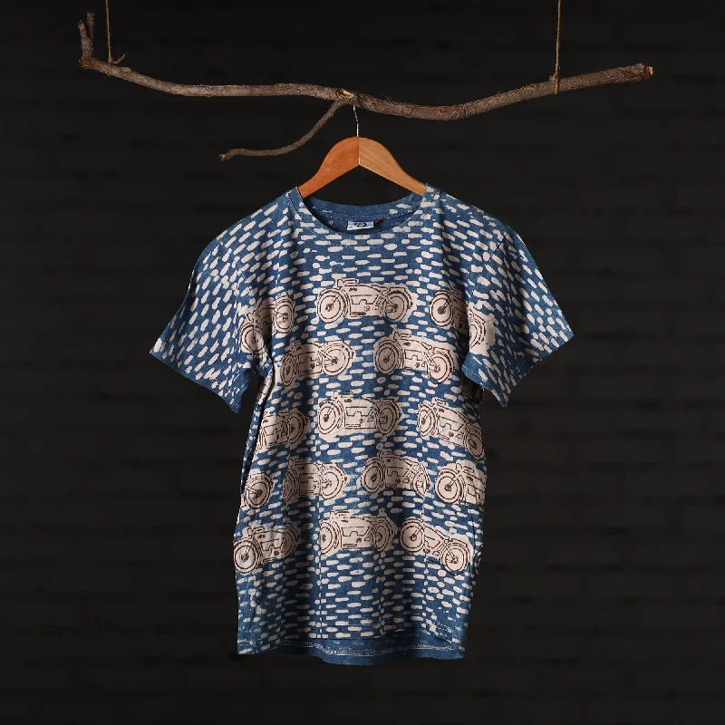 Blue - Bindaas Natural Dyed Art Block Print Round Neck T-shirt in Cotton