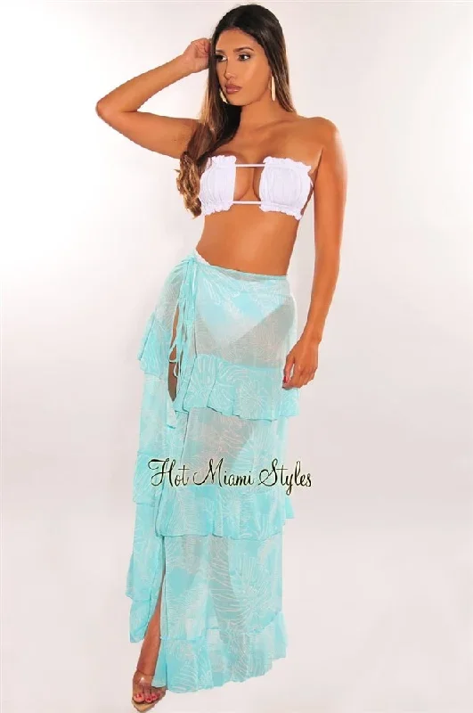 Aqua White Palm Print Tie Up Ruffle Maxi Skirt Cover Up