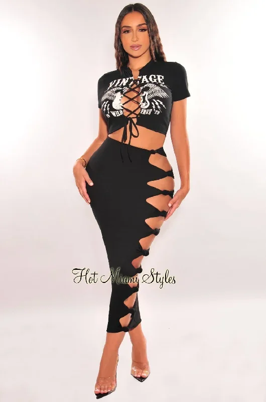 Black High Waist Cut Out Knotted Slit Skirt