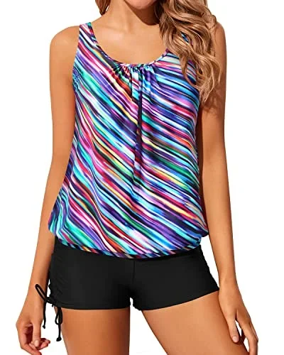 Built-In Sports Bras Tankini Swimsuits For Women Tops Boyshorts-Color Oblique Stripe