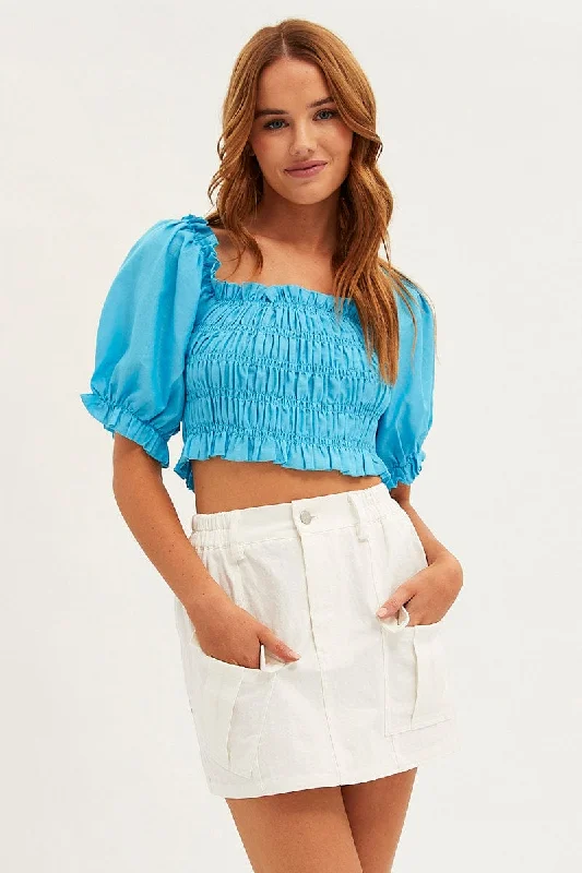 Blue Crop Top Short Sleeve Square Neck Linen Blend