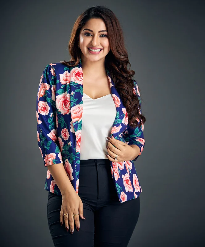 Bold Pink Rose Printed Floral Blazer