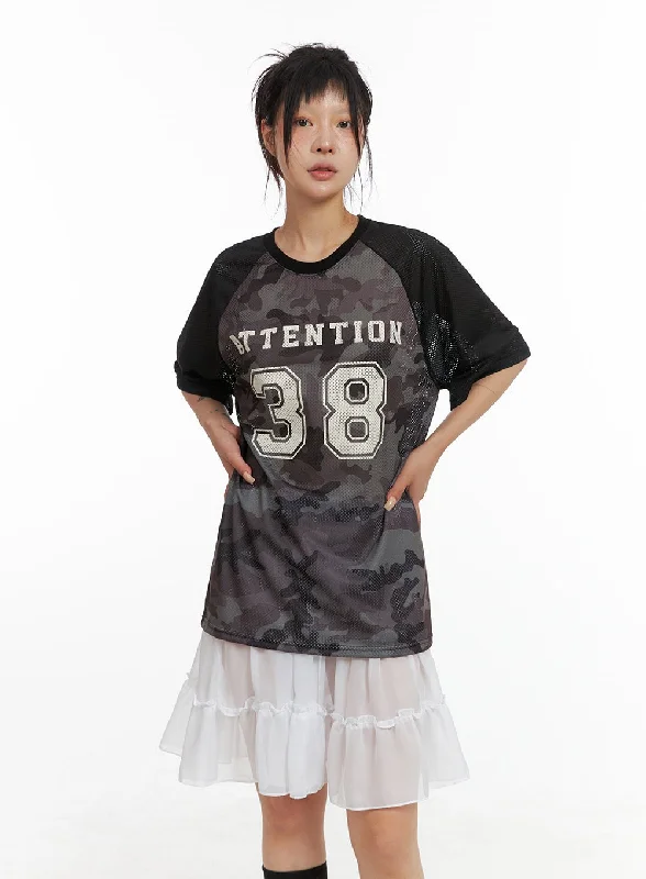 Camo Oversized Sporty Graphic Top CL415