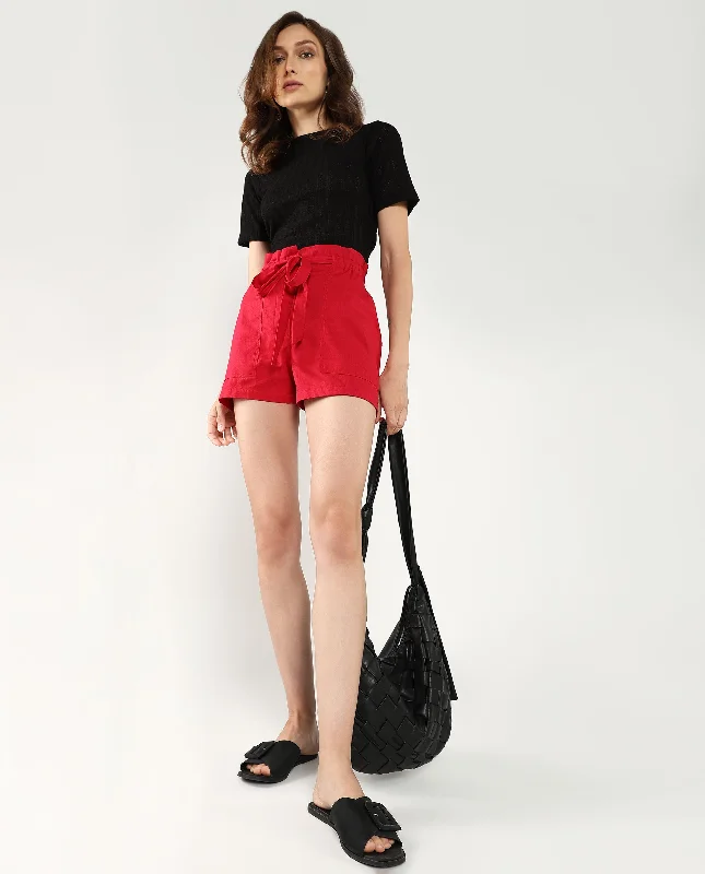 Rareism Women'S Cerig Red Cotton Fabric Loop Plain Mini Shorts