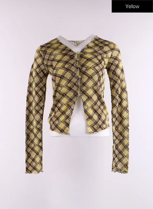 checkered-ruffle-hem-long-sleeve-blouse-cf401