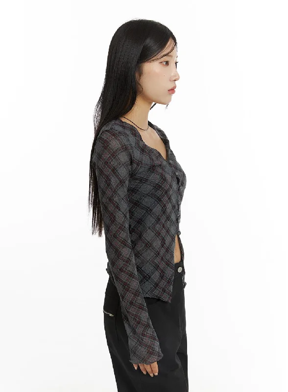 checkered-ruffle-hem-long-sleeve-blouse-cf401