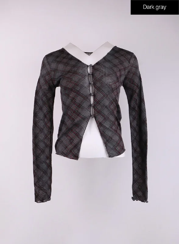 checkered-ruffle-hem-long-sleeve-blouse-cf401