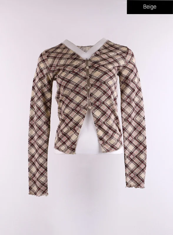 checkered-ruffle-hem-long-sleeve-blouse-cf401