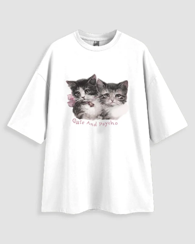 Cute And Psycho Print Oversized T-shirt In White