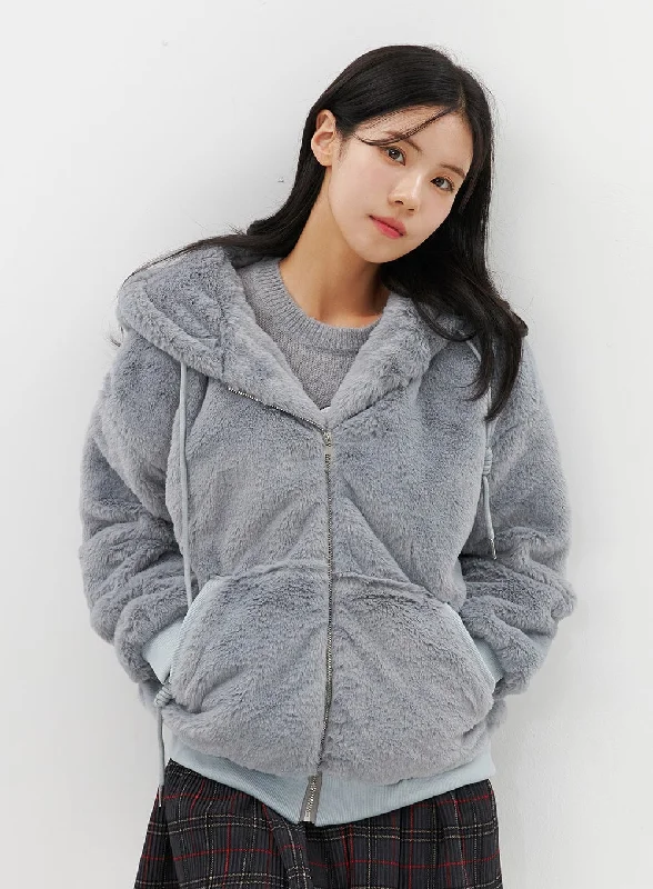 Faux Fur Fleece Hoodie Zip-Up Jacket OO312