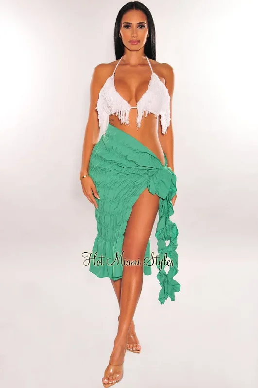 Green Smocked Tie Up Ruffle Skirt Cover Up