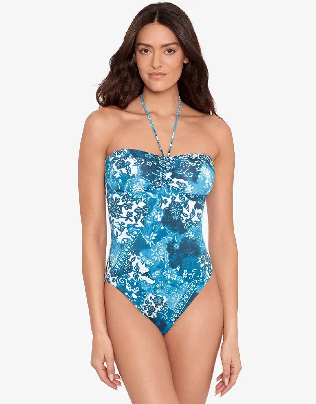 Indigo Patchwork Halter Bandeau Swimsuit