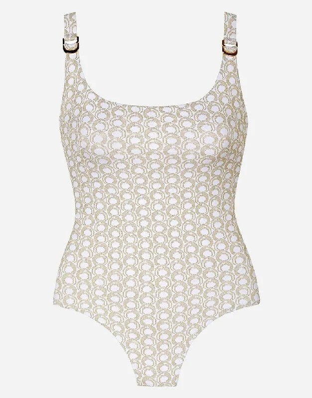 Indira Round Neck Swimsuit - White and Gold