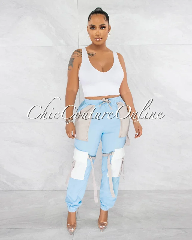 Juniva Baby Blue Grey Silver Buckles Cargo Jogger Pants