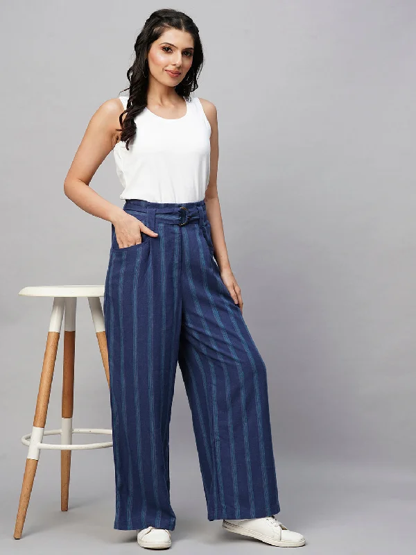 Women's Blue Viscose Linen Straight Fit Pant