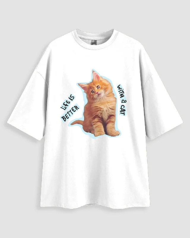 Life Is Better With A Cat Print Oversized T-shirt In White