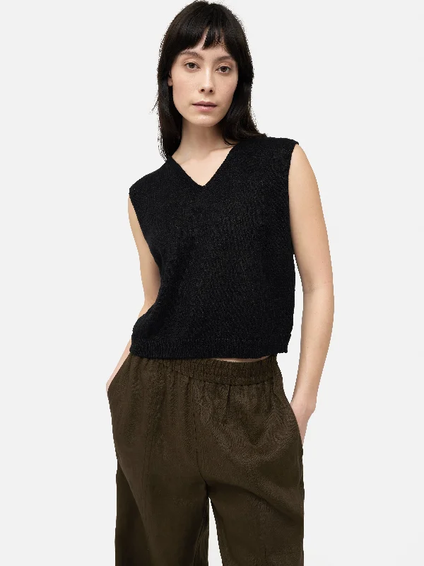 Linen Slub Cropped V Tank Top | Black