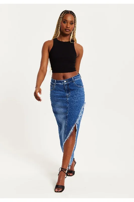 Liquorish Blue Wrap Front Midi Denim Skirt