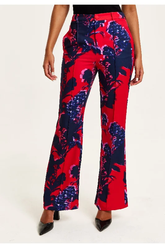 Liquorish Floral Print Tailored Red Trousers