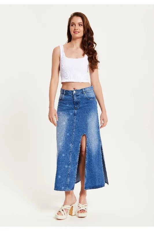 Liquorish Polka Dot Midi Denim Skirt