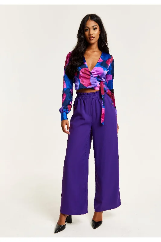 Liquorish Purple Wide Leg Trousers With Elasticated Waist