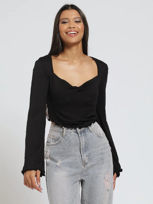 Long Flared Sleeve Hanky Hem Top - Black