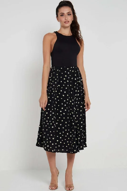 LOVE SUNSHINE Black Daisy Printed Side Slit Pleated Midi Skirt