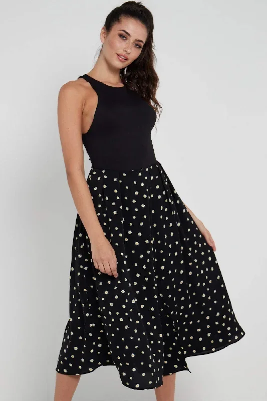 love-sunshine-black-daisy-printed-side-slit-pleated-midi-skirt