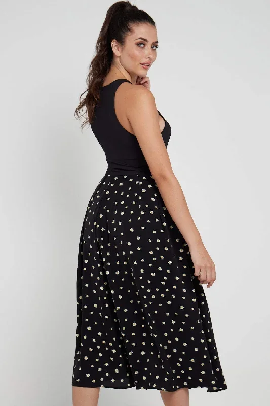 love-sunshine-black-daisy-printed-side-slit-pleated-midi-skirt