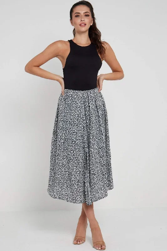 LOVE SUNSHINE Black Ditsy Printed Side Slit Pleated Midi Skirt