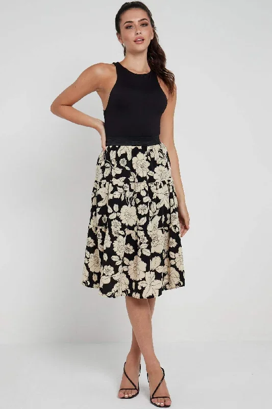 LOVE SUNSHINE Black Floral Printed Tiered Midi Skirt