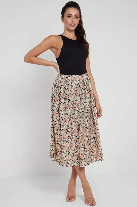 LOVE SUNSHINE Rose Floral Printed Side Slit Pleated Midi Skirt