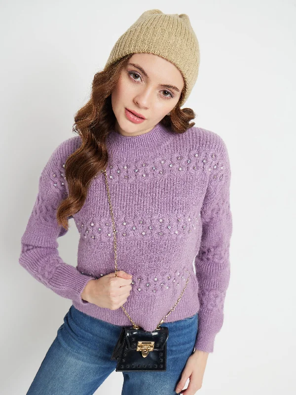 Madame Cable Knit Embellished Lilac Sweater